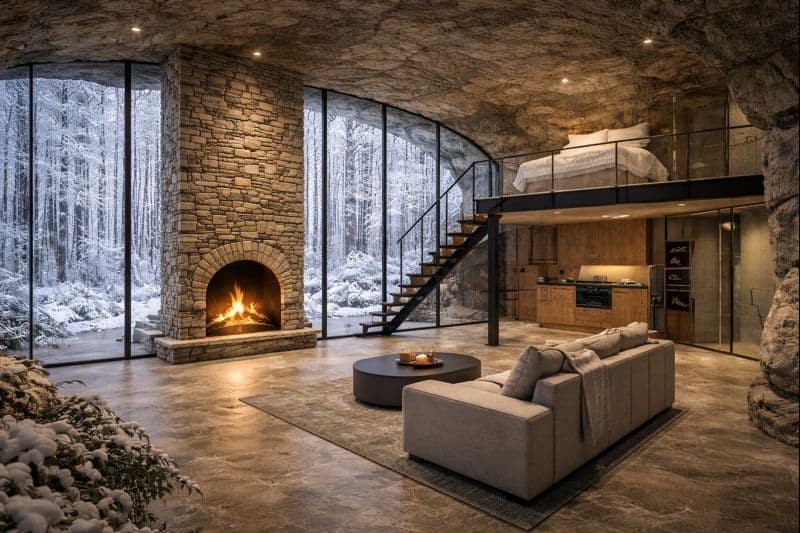 A stone cave suite with a lit fireplace, looking out through glass to a snowy forest